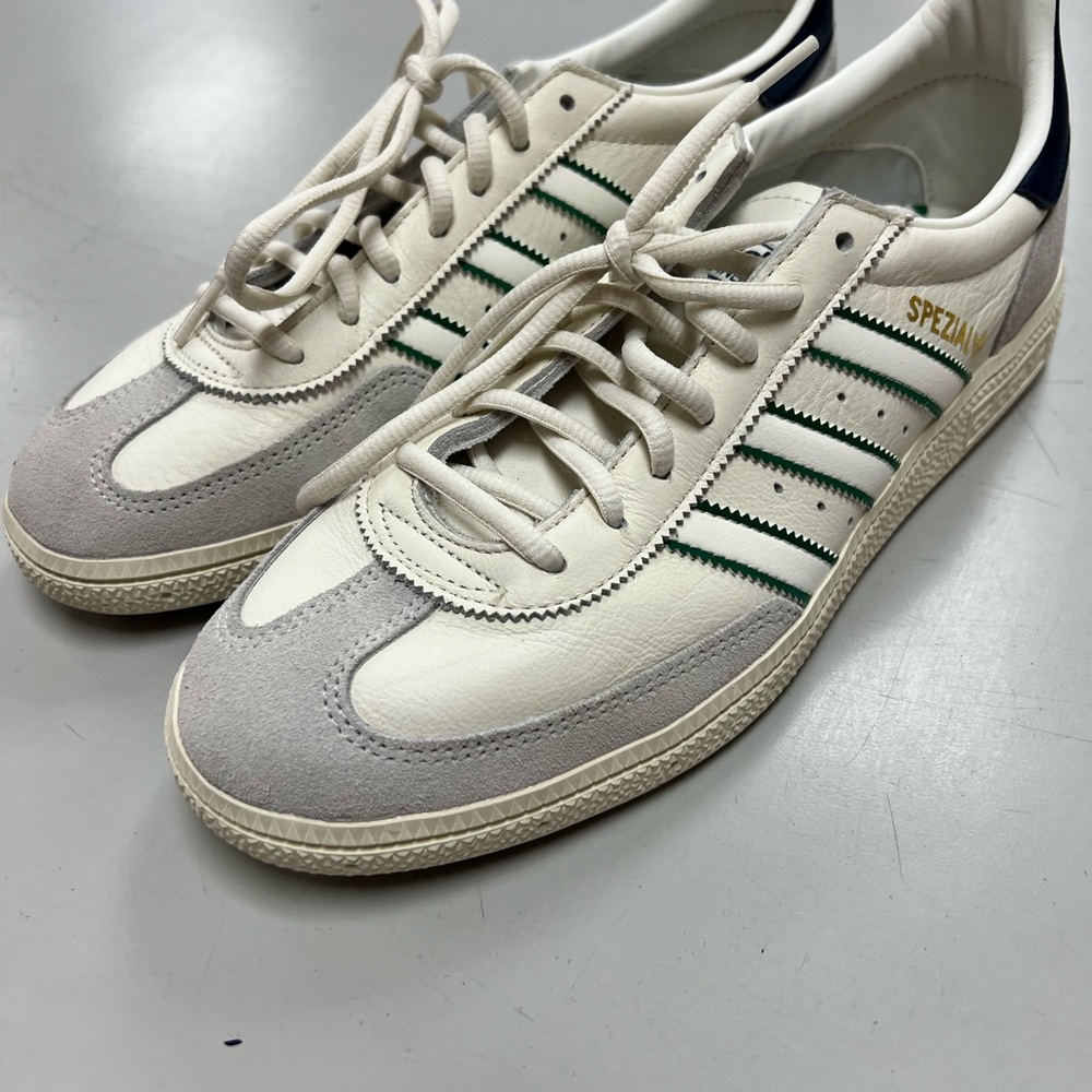 Adidas Spezial Men's Cream/Gray Leather Sneakers with Green Stripes